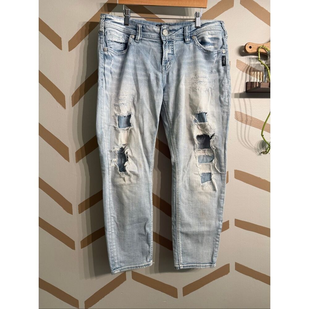 Silver Jeans Co Light Blue Distressed Boyfriend Denim Bleach Wash Size 31x25